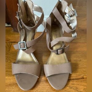 BCBGeneration Brown Block Heel Sandals with Ankle Strap